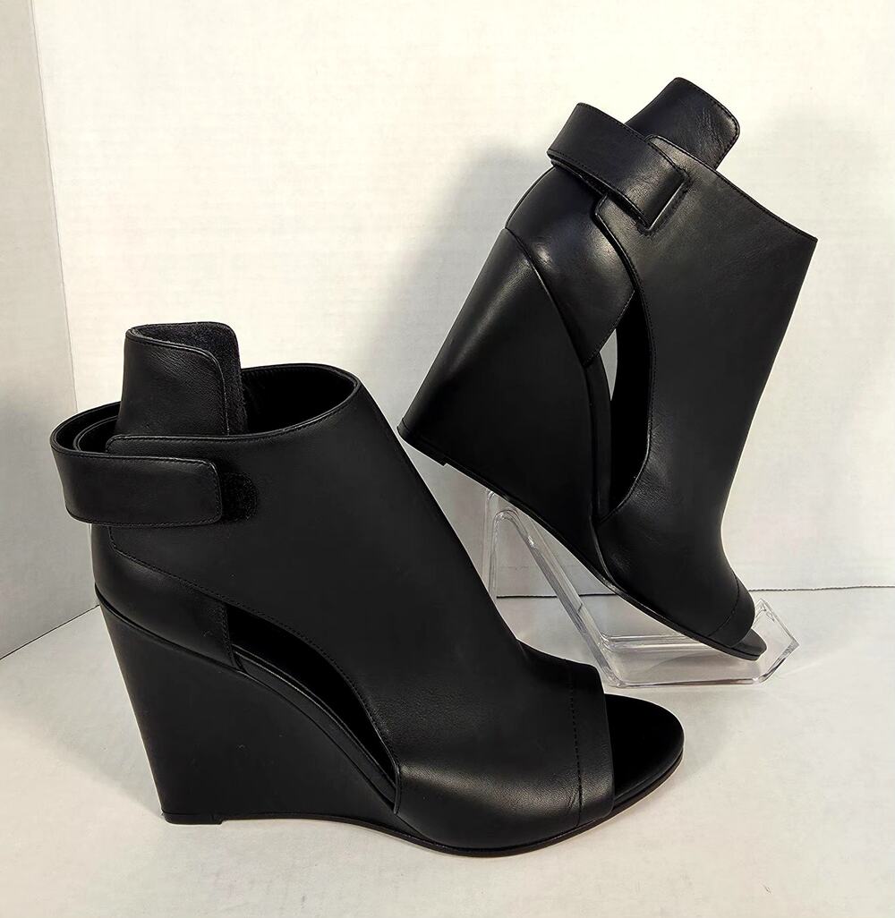 Vince Katia Black Leather Cutout Wedge Booties Peep Toe Sandals Italy 9M